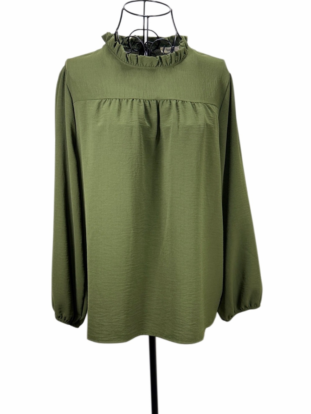 Ruffled Mock-Neck Olive Green Long-Sleeve Blouse